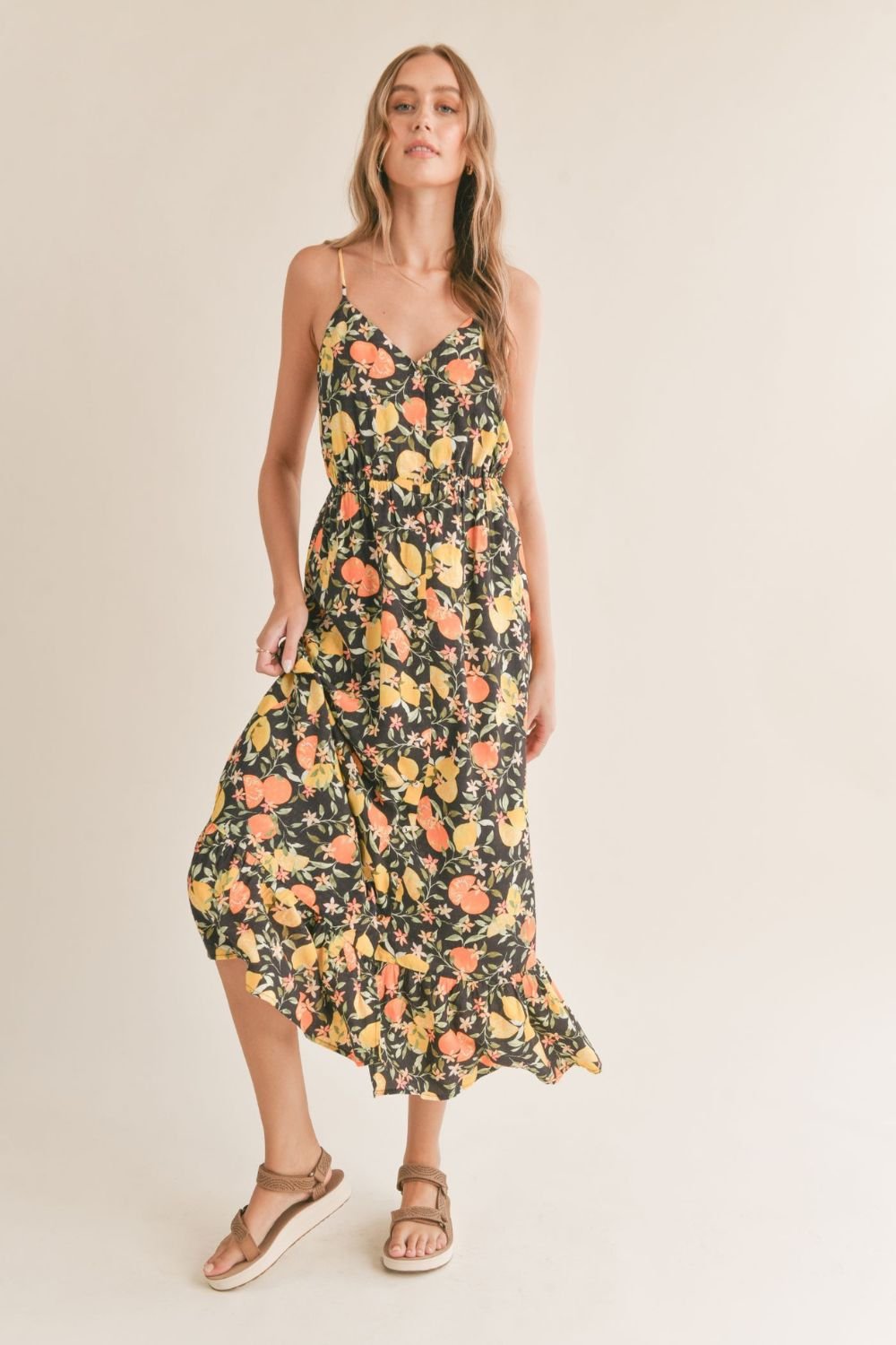 Women's Lemon Orange Maxi Dress | Black Multi - Women's Dresses - Blooming Daily