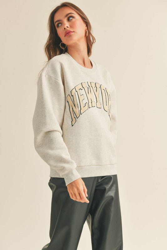 Women's Letterman New York Crewneck Sweatshirt | Heather Gray - Women's Shirts & Tops - Blooming Daily