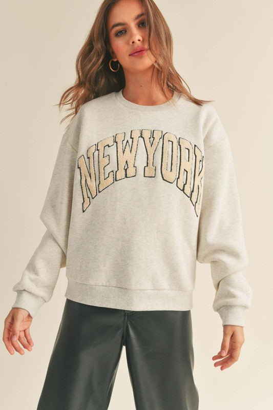 Women's Letterman New York Crewneck Sweatshirt | Heather Gray - Women's Shirts & Tops - Blooming Daily