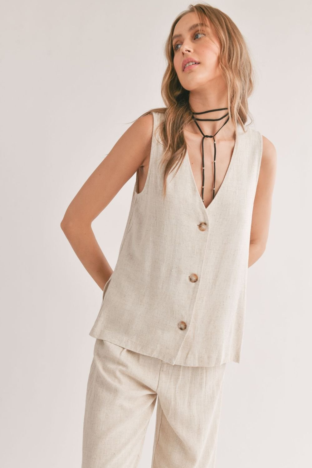 Women’s Linen Blend Button Down Vest Top | Oatmeal - Blooming Daily