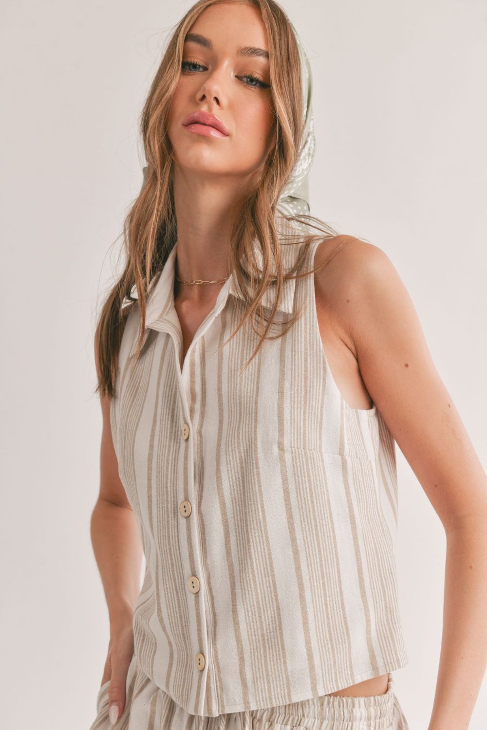 Women's Linen Blend Collared Tank Top | Ivory Taupe - Women's Shirts & Tops - Blooming Daily