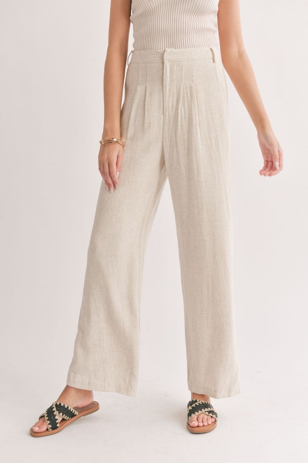 Women's Linen Blend Pleated Trouser Pants | Oatmeal - Women's Pants - Blooming Daily