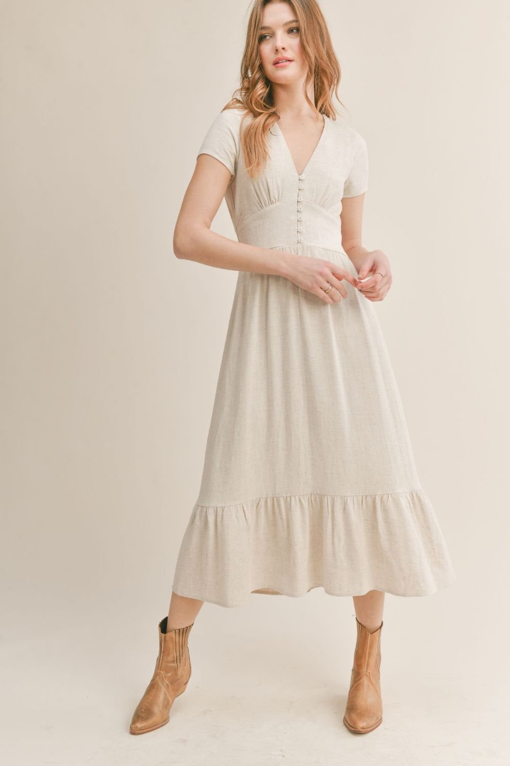Women&#39;s Linen Midi Dress | Sadie &amp; Sage | Oatmeal - Women&#39;s Dresses - Blooming Daily