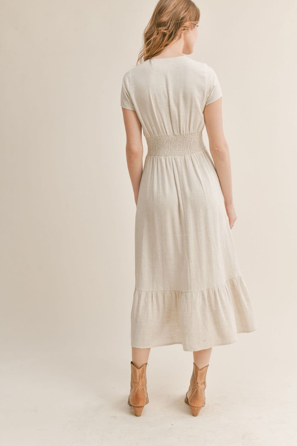 Women&#39;s Linen Midi Dress | Sadie &amp; Sage | Oatmeal - Women&#39;s Dresses - Blooming Daily