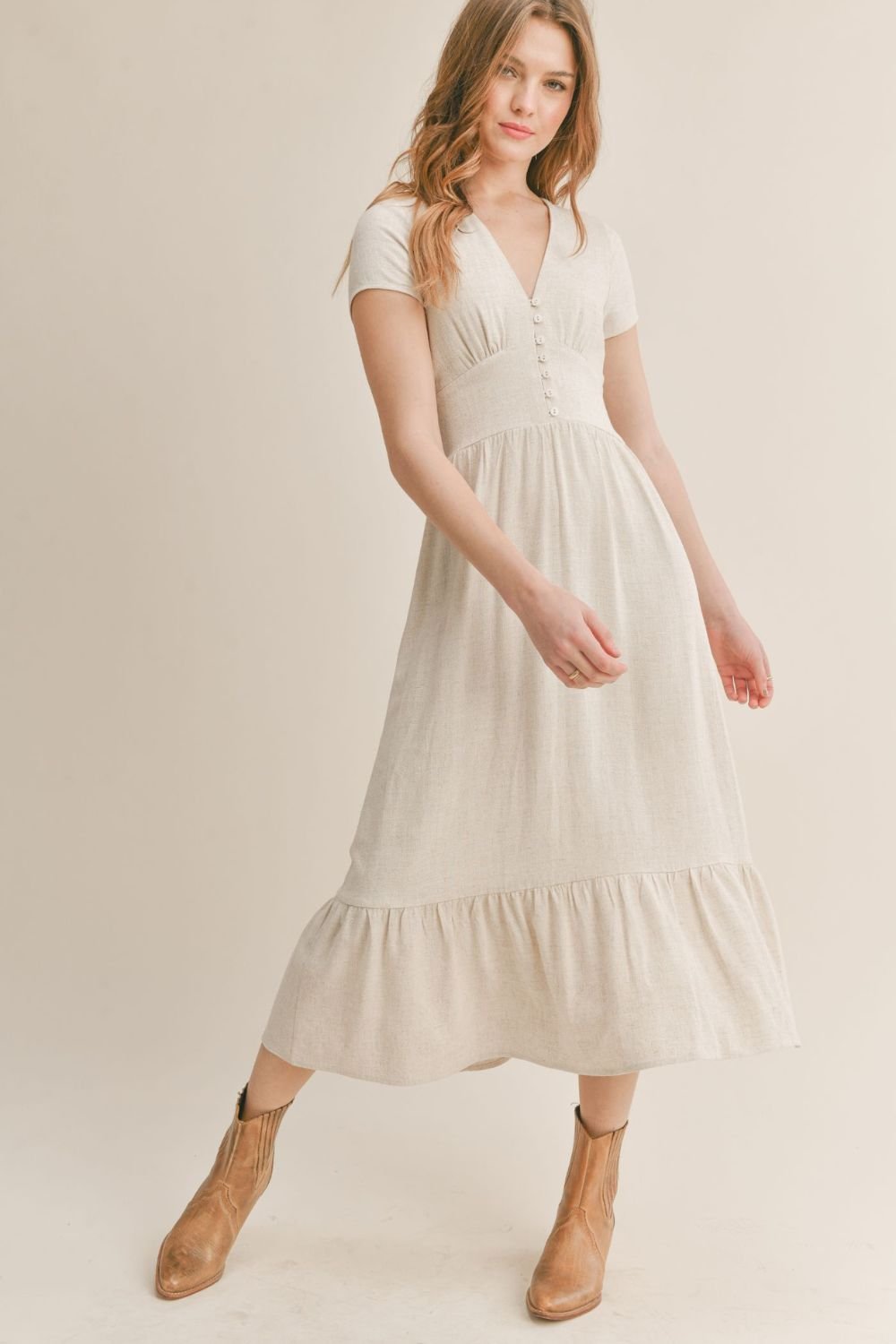 Women&#39;s Linen Midi Dress | Sadie &amp; Sage | Oatmeal - Women&#39;s Dresses - Blooming Daily