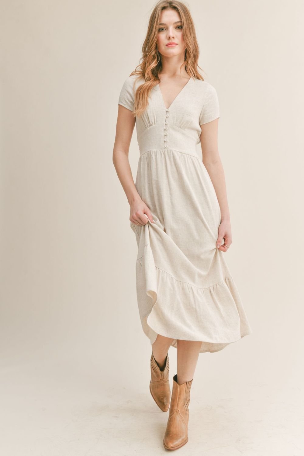 Women's Linen Midi Dress | Sadie & Sage | Oatmeal - Women's Dresses - Blooming Daily