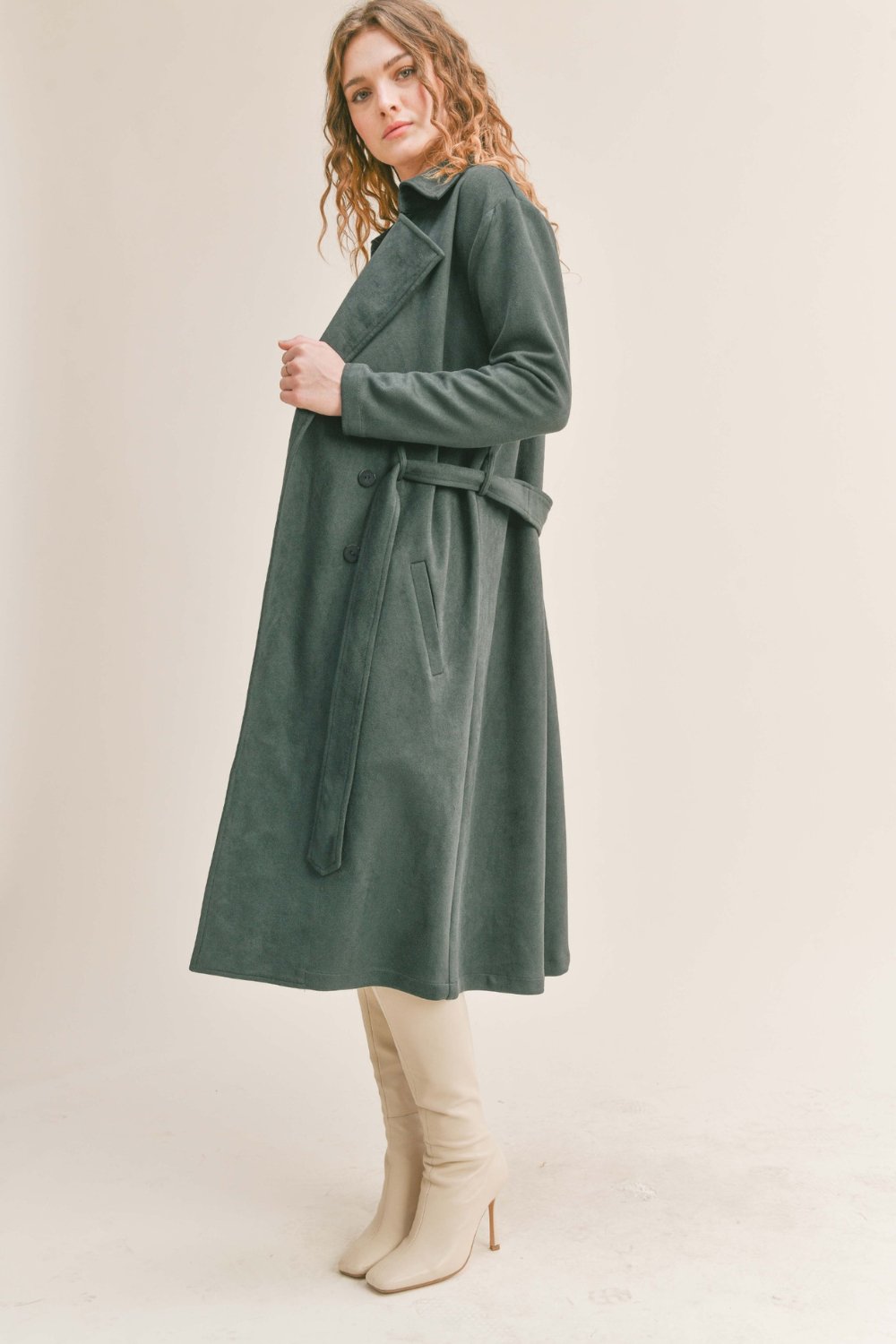 Sadie & Sage Suede Trench Coat - Dark Green S / Dark Green Sadie & Sage Suede Trench Coat - Dark Green S / Dark Green