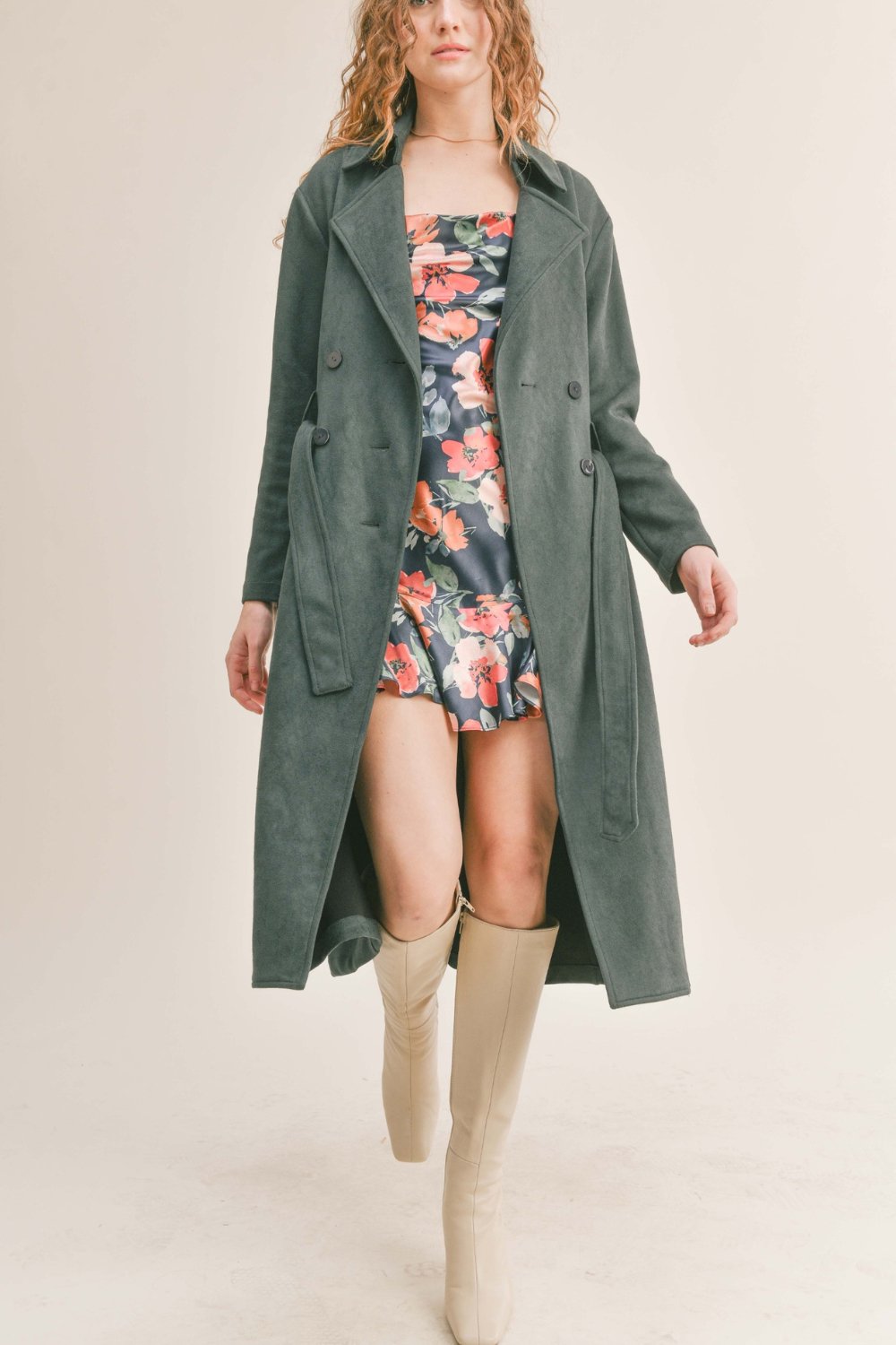 Women's Microsuede Trench Coat | Dark Green Jacket - Women's Coat - Blooming Daily