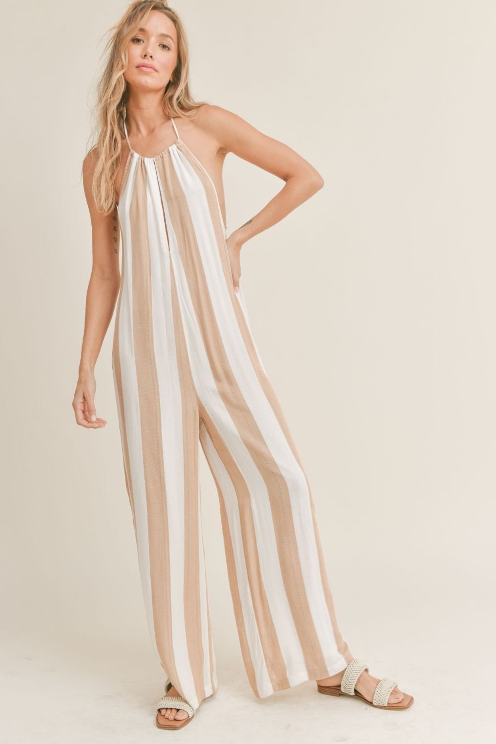 Women&#39;s Neutral Striped Halter Jumpsuit | Sadie &amp; Sage | Ivory Taupe - Women&#39;s Jumpsuit - Blooming Daily