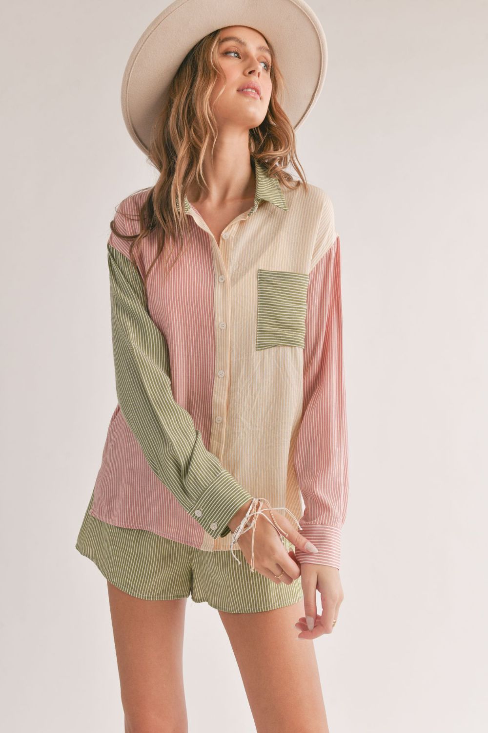 Women's Oasis Striped Long Sleeve Button Down | Green Multi - Women's Shirts & Tops - Blooming Daily