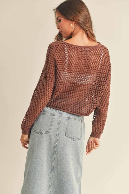 Women&#39;s Open Knit Crochet Sweater Top | Chocolate Brown - Women&#39;s Shirts &amp; Tops - Blooming Daily