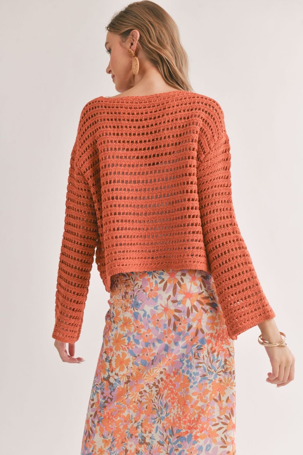 Women&#39;s Open Knit Crochet Sweater Top | Rust - Women&#39;s Shirts &amp; Tops - Blooming Daily