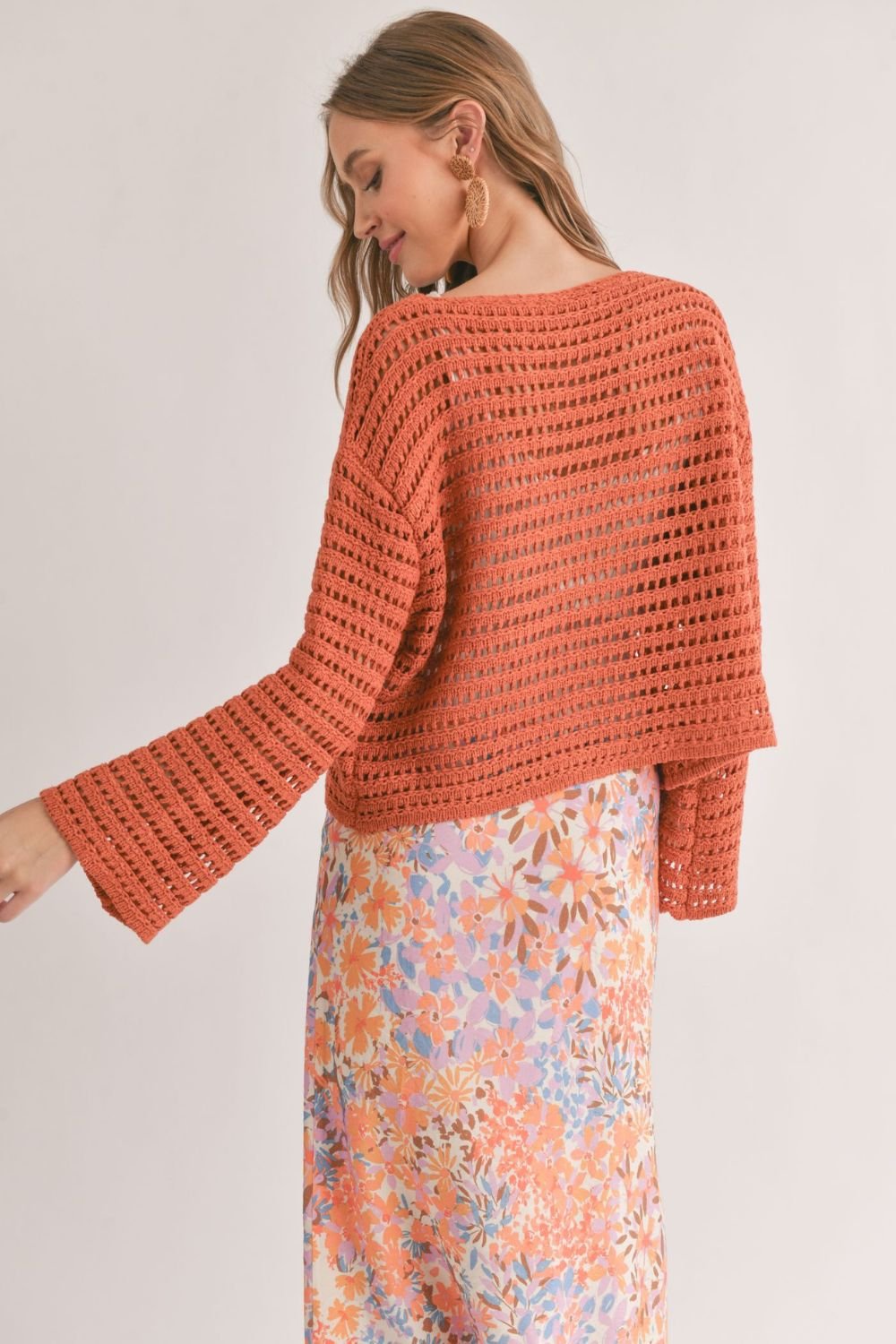 Women's Open Knit Crochet Sweater Top | Rust - Women's Shirts & Tops - Blooming Daily