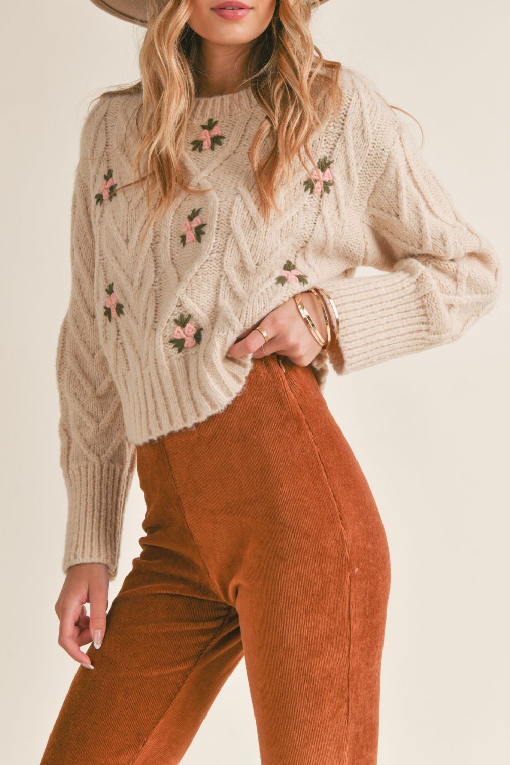 Women's Parisian Style Floral Knit Sweater Top | Beige - Women's Sweaters - Blooming Daily