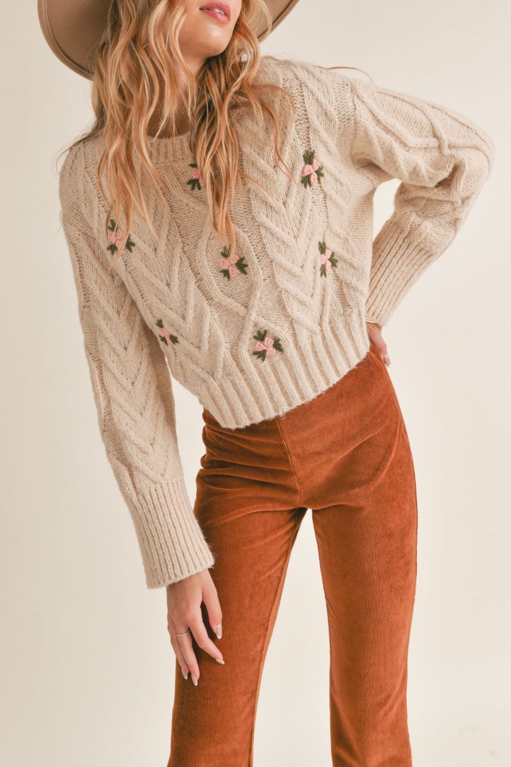 Women's Parisian Style Floral Knit Sweater Top | Beige - Women's Sweaters - Blooming Daily