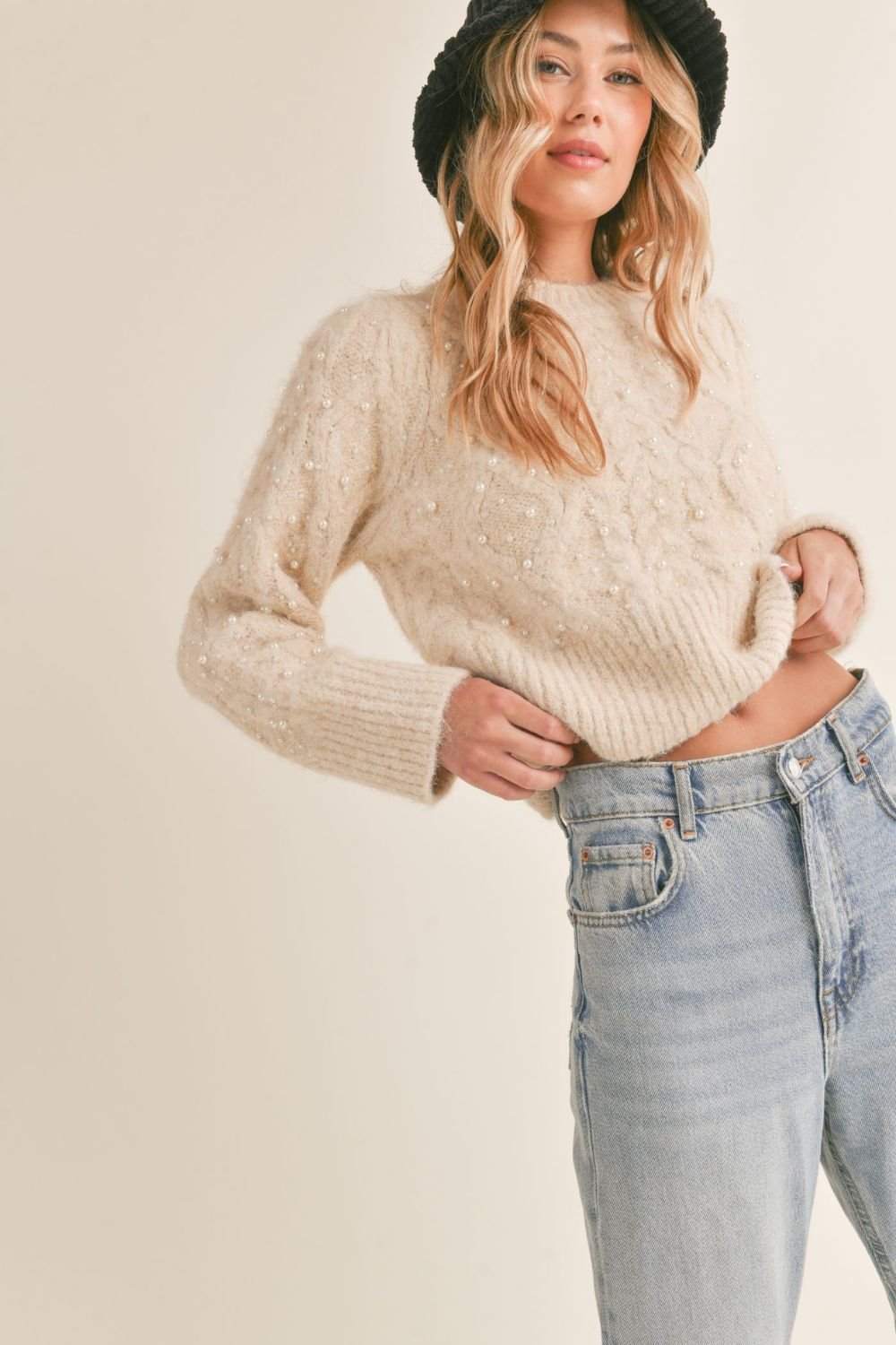 Women's Pearl Cable Knit Wool Blend Sweater | Cream - Women's Sweaters - Blooming Daily