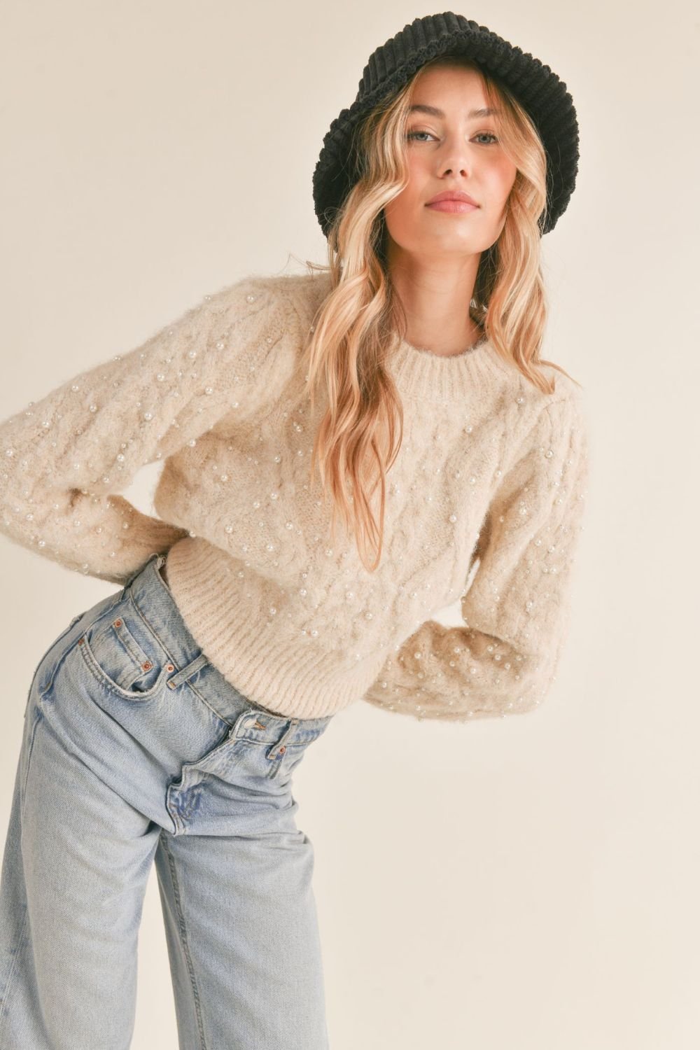 Women's Pearl Cable Knit Wool Blend Sweater | Cream - Women's Sweaters - Blooming Daily