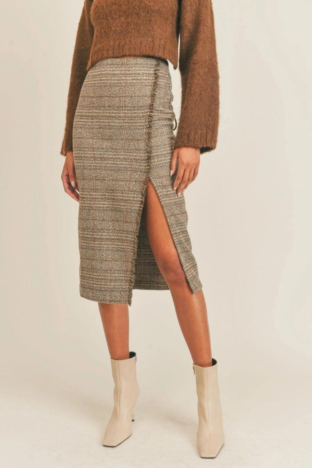 Women&#39;s Plaid Midi Skirt | Sage The Label | Brown Multi - Women&#39;s Skirts - Blooming Daily