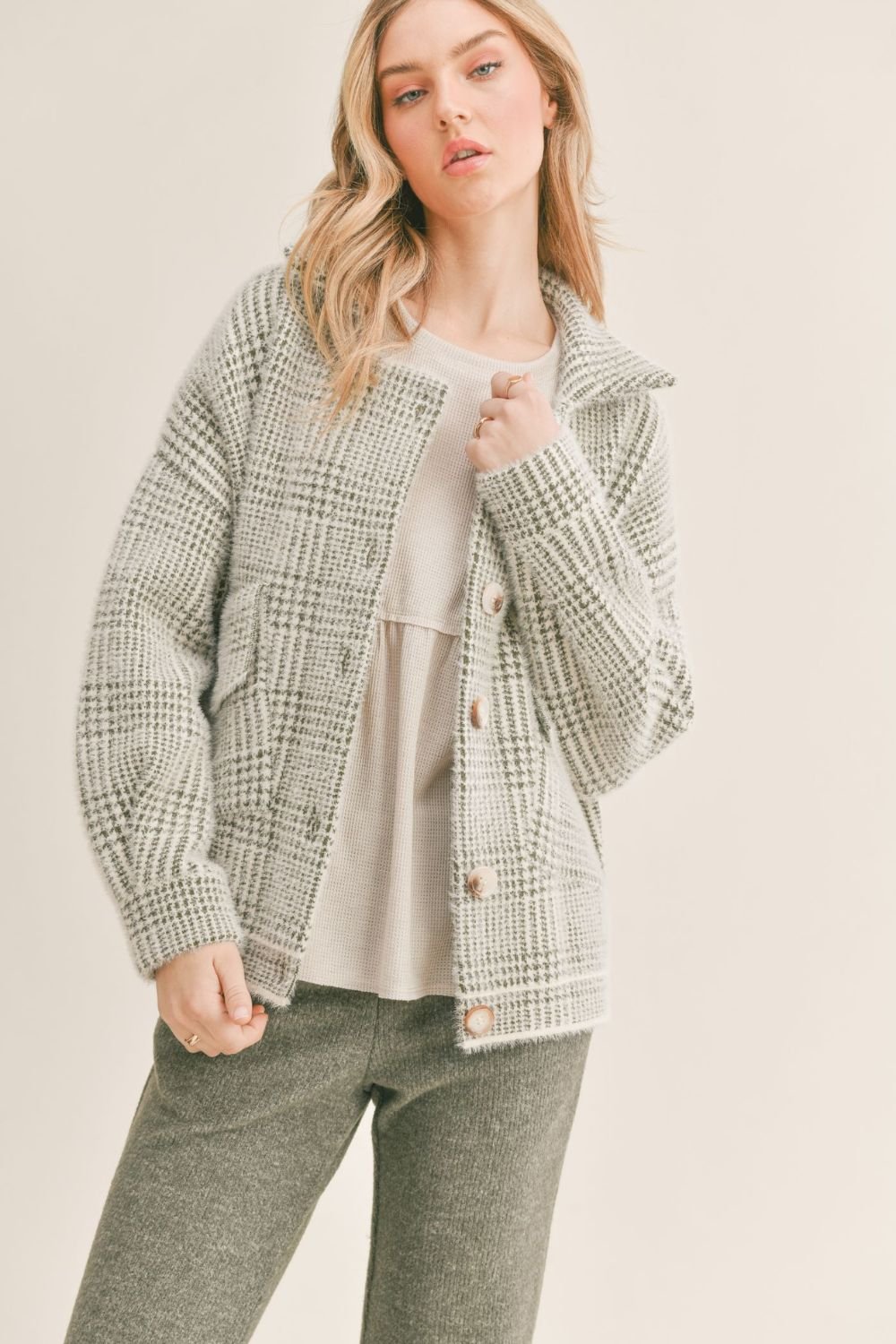 Women's Plaid Sweater Jacket | Sage The Label | Ivory Olive - Women's Shirts & Tops - Blooming Daily