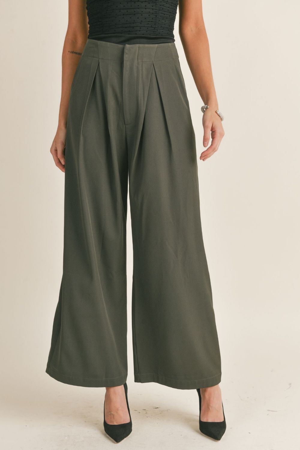 Women's Pleated Wide Leg Pants | Dark Green - Women's Pants - Blooming Daily