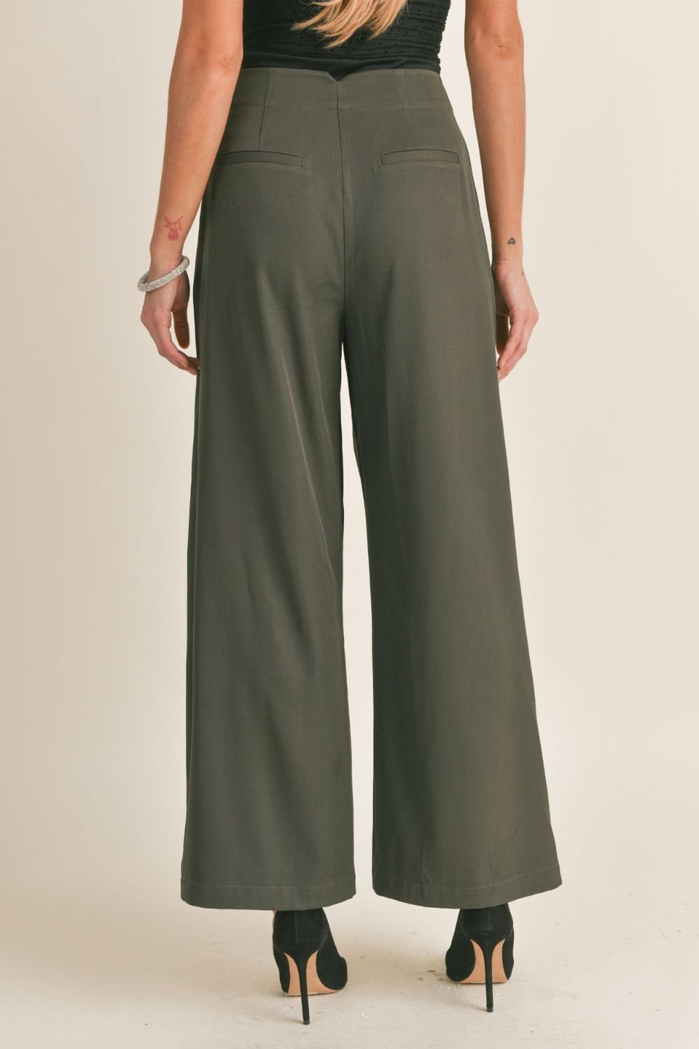 Women's Pleated Wide Leg Pants | Dark Green - Women's Pants - Blooming Daily