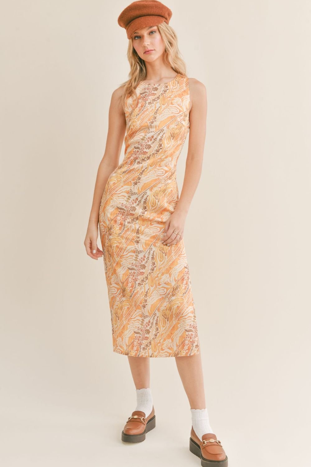 Women's Satin Criss Cross Midi Dress | Sage The Label | Yellow Multi - Women's Dresses - Blooming Daily