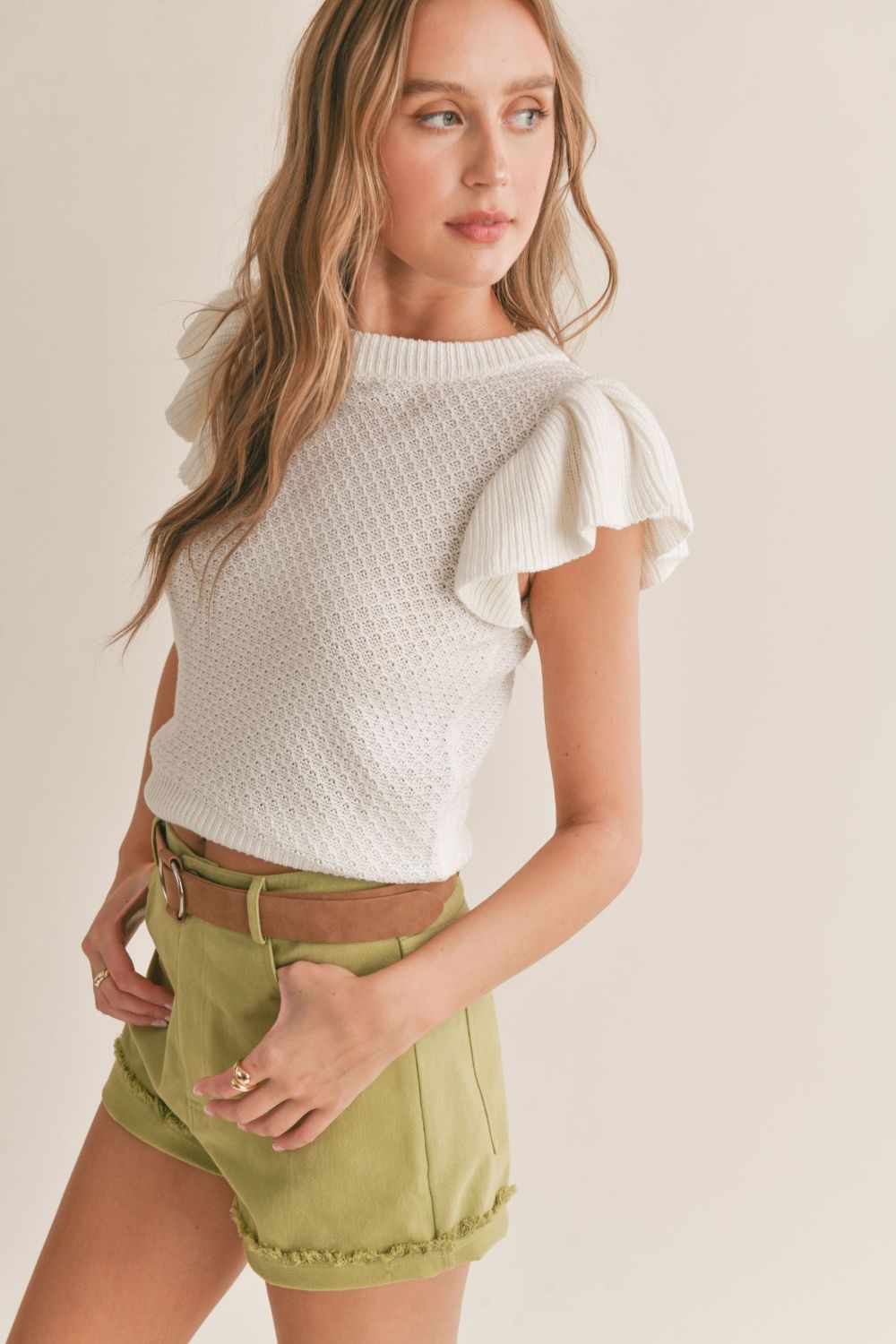 Women&#39;s Spring Ruffle Sleeve Knit Sweater Top | Ivory - Women&#39;s Shirts &amp; Tops - Blooming Daily