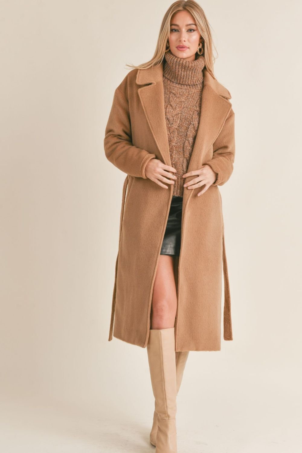Women&#39;s Teddy Bear Notch Lapel Long Coat | Tan - Women&#39;s Coat - Blooming Daily