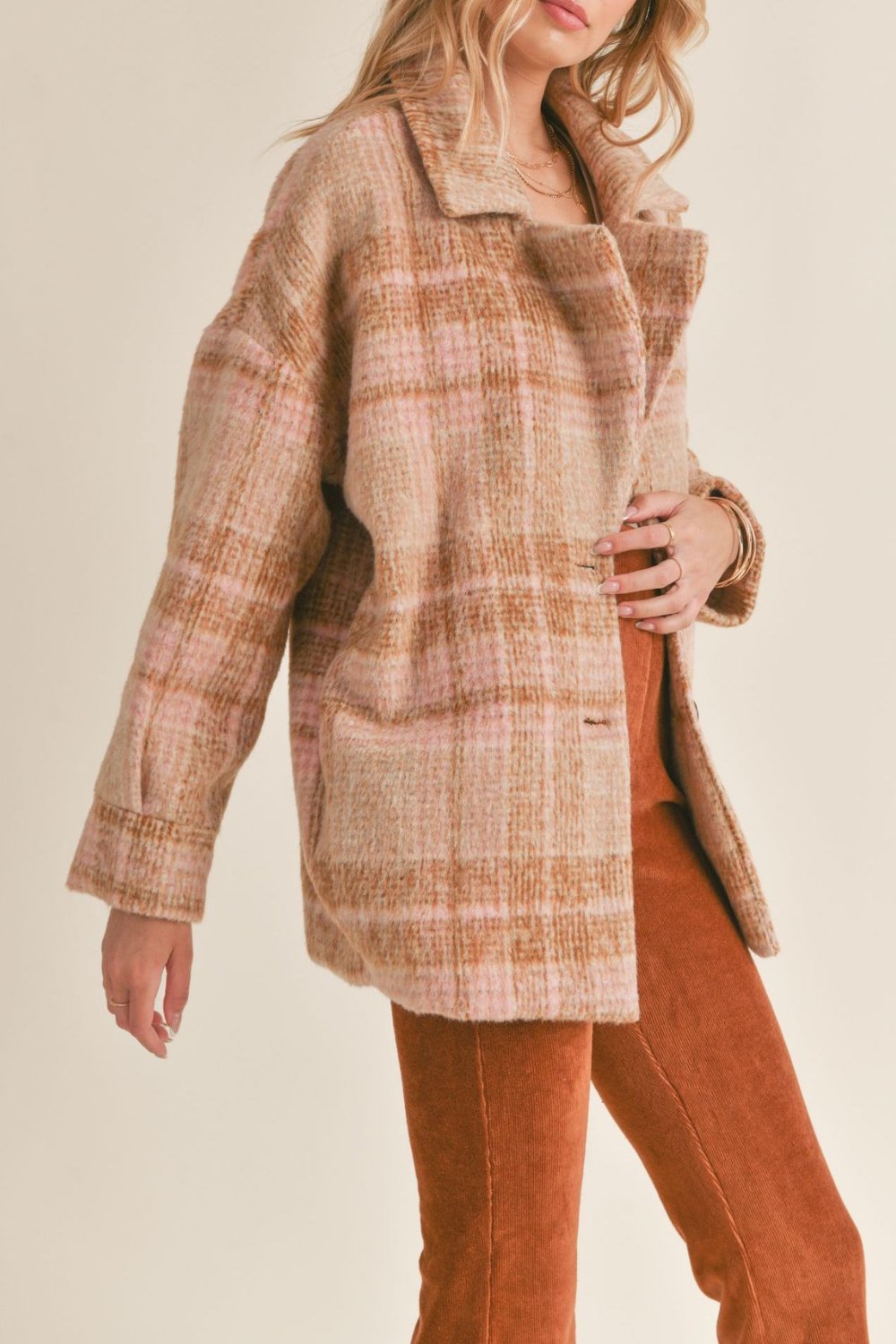 Women&#39;s Vintage Fit Plaid Shacket Coat | Camel Pink - Women&#39;s Jacket - Blooming Daily