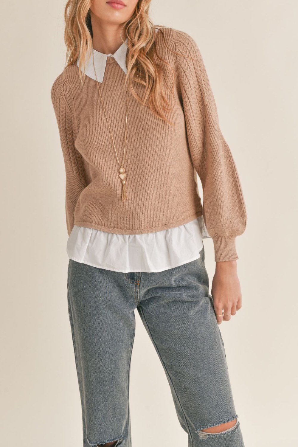 Women's Wednesday Layered Twofer Sweater Top | Tan - Women's Shirts & Tops - Blooming Daily
