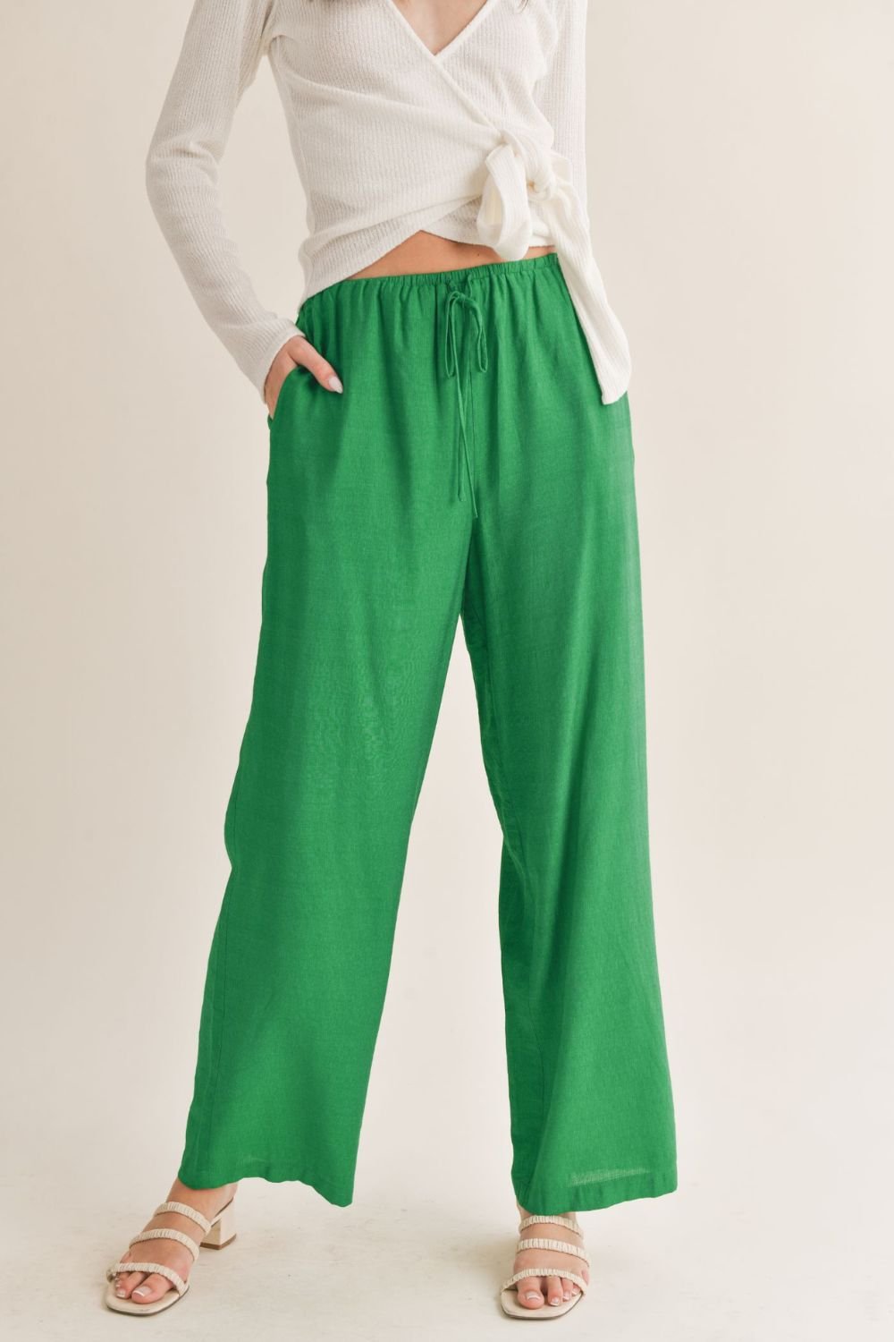 Women's Wide Leg Pants | Tie Waist | Green - Women's Pants - Blooming Daily