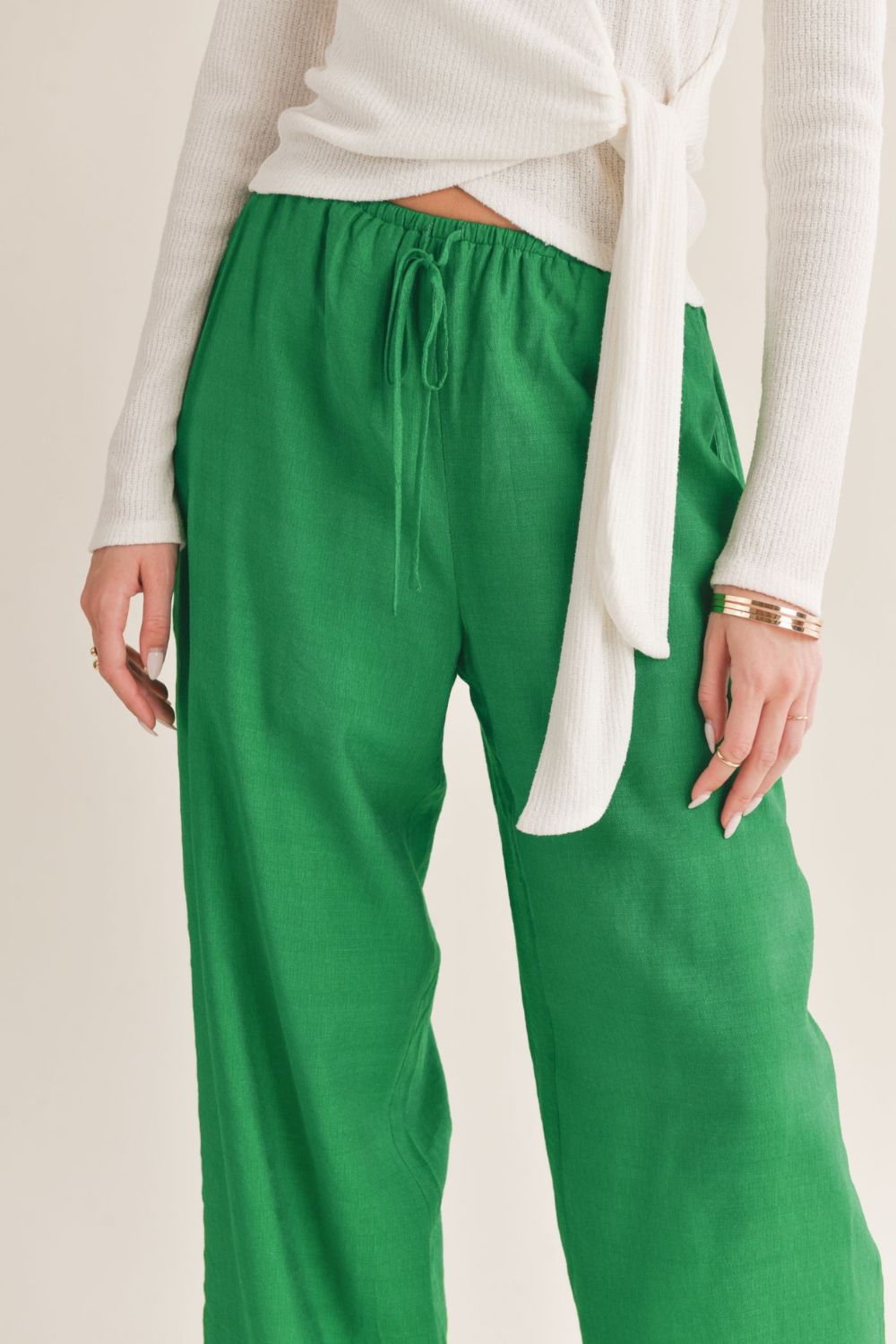 Women&#39;s Wide Leg Pants | Tie Waist | Green - Women&#39;s Pants - Blooming Daily