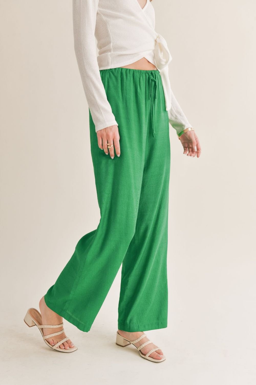 Women&#39;s Wide Leg Pants | Tie Waist | Green - Women&#39;s Pants - Blooming Daily