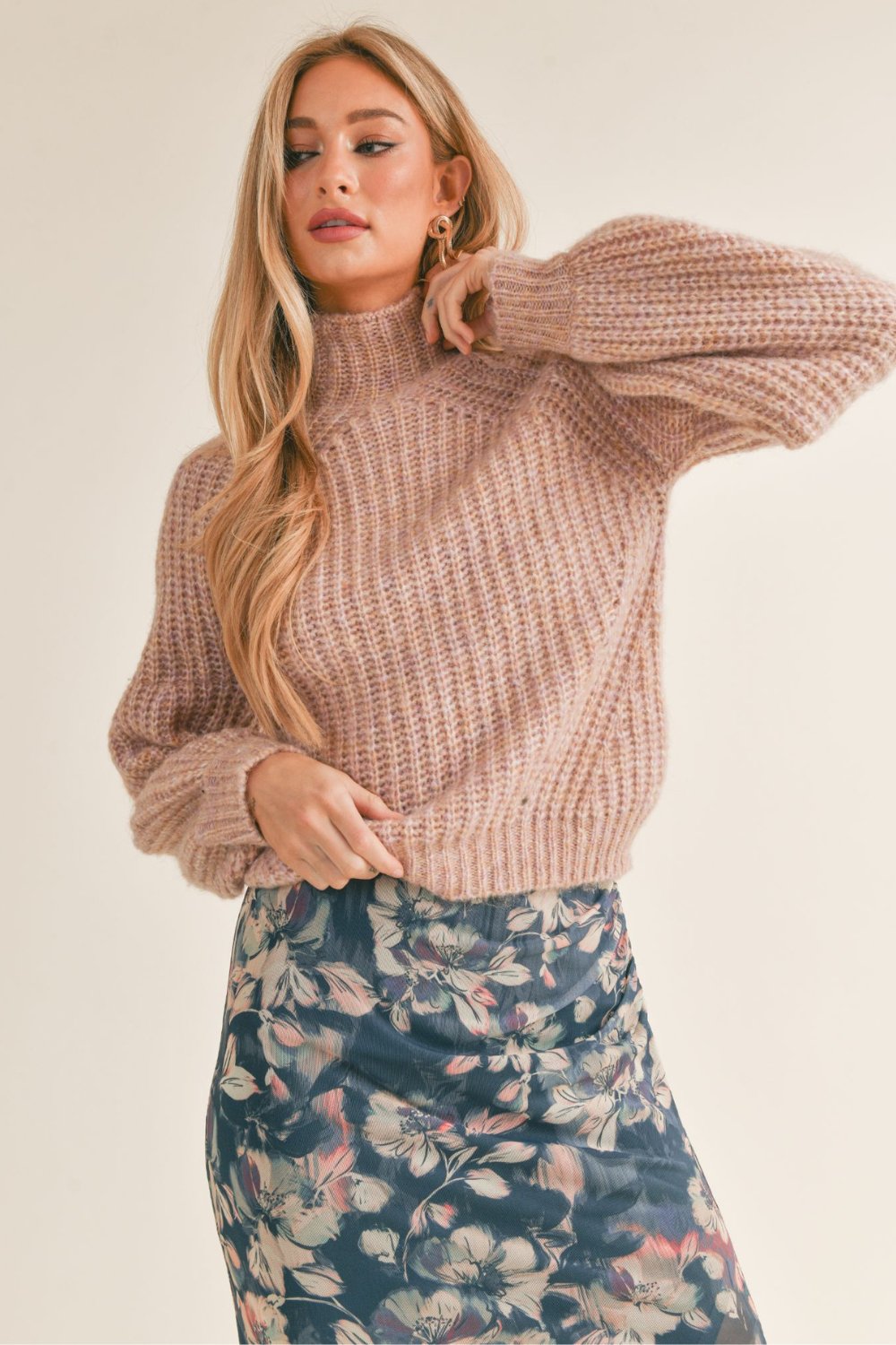Women's Wool Blend Mock Neck Knit Sweater Top | Dusty pink - Women's Shirts & Tops - Blooming Daily